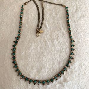 Long necklace, green and rhinestone